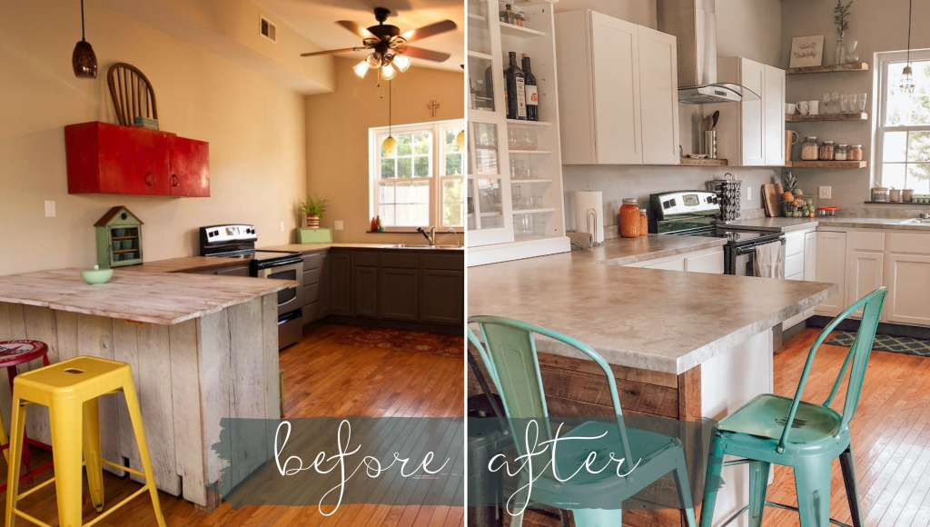 before and after of a modern farmhouse kitchen transformation