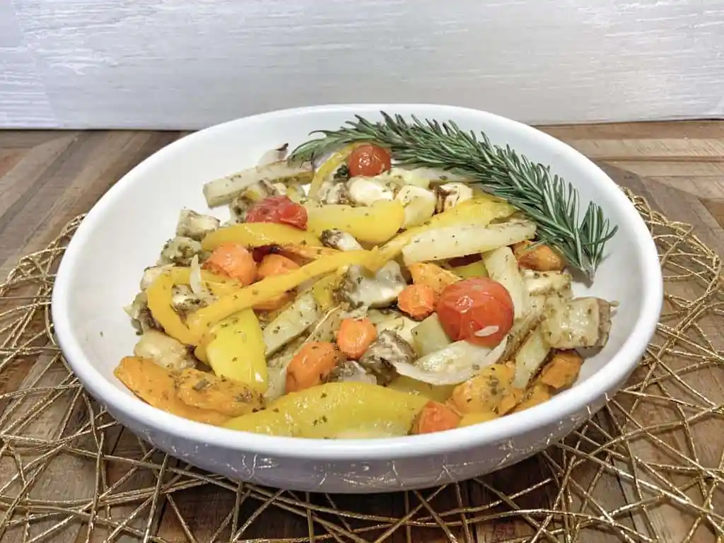 roasted vegetables side dish in white bowl