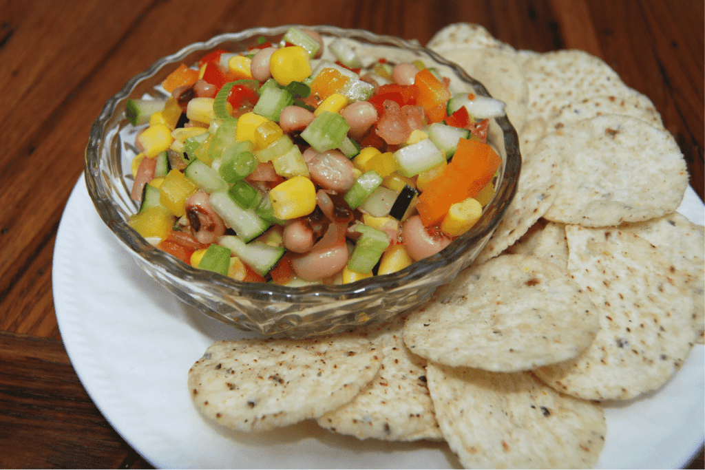 fresh cowboy caviar salsa served with tortilla chips