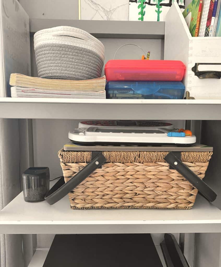 eco friendly basket on homeschool supply shelf
