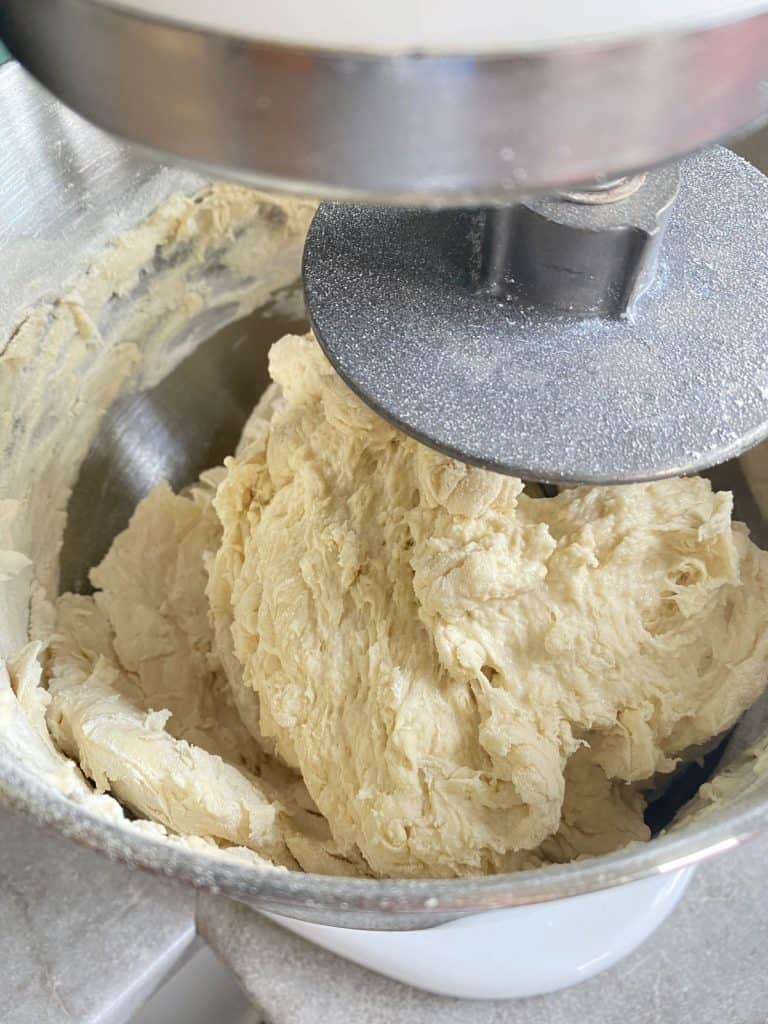 rustic sourdough bread dough mixing in stand mixer