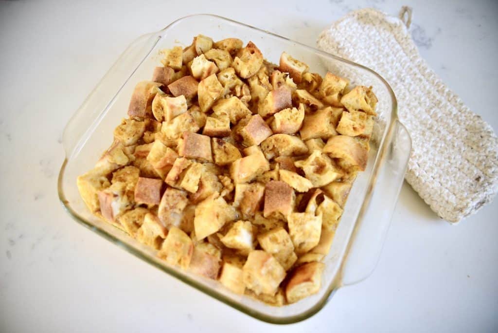 pumpkin bread pudding made with sourdough bread