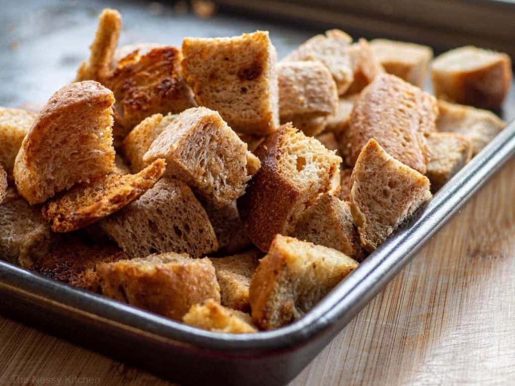 sourdough croutons on baking sheet