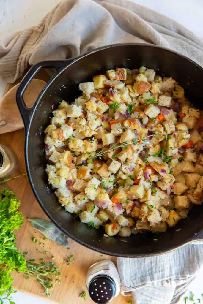 stuffing made from scratch in cast iron skillet