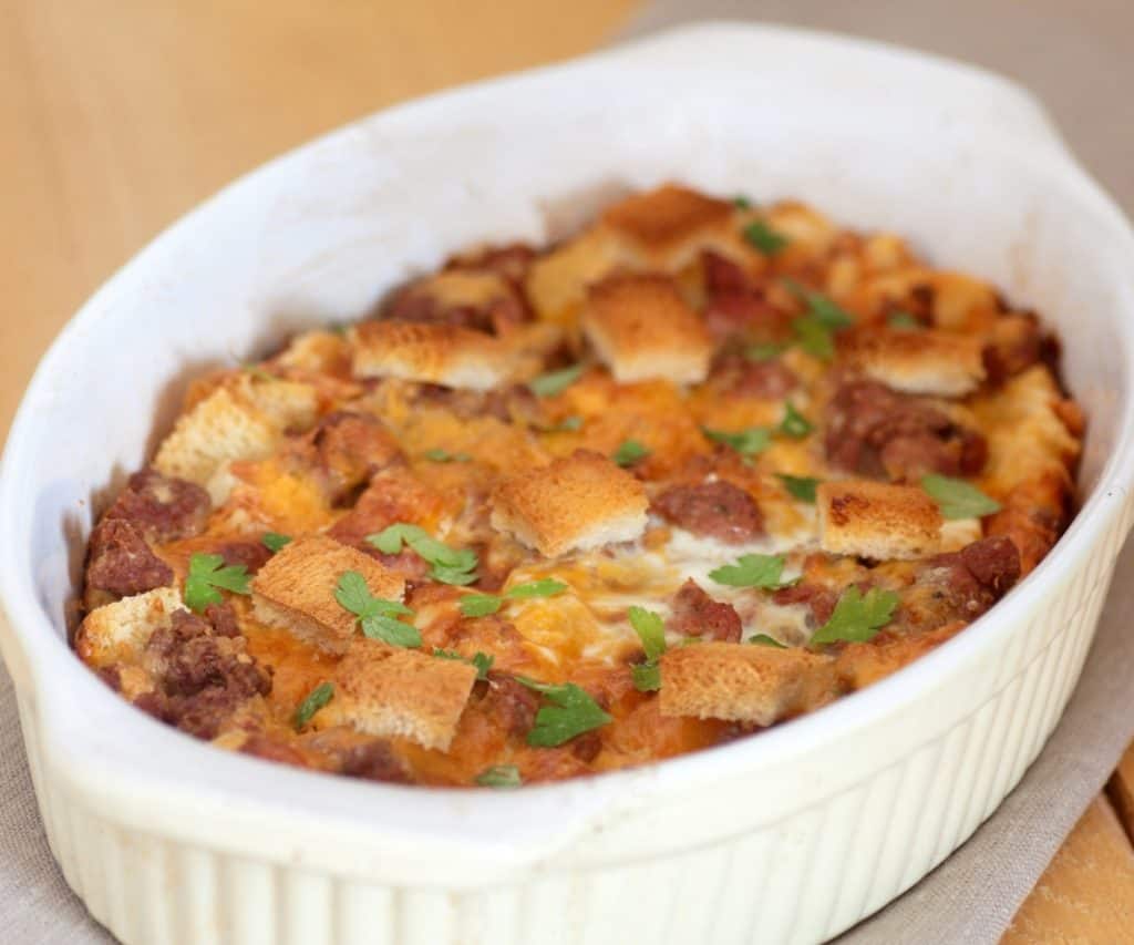 sourdough breakfast strata in casserole dish