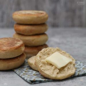 sourdough english muffin display cut in half with butter
