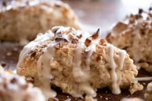 sourdough pecan scones topped with maple glaze